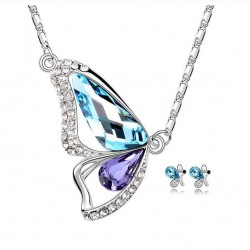 Platinum plated sky blue and purple dream butterfly pendant with earrings